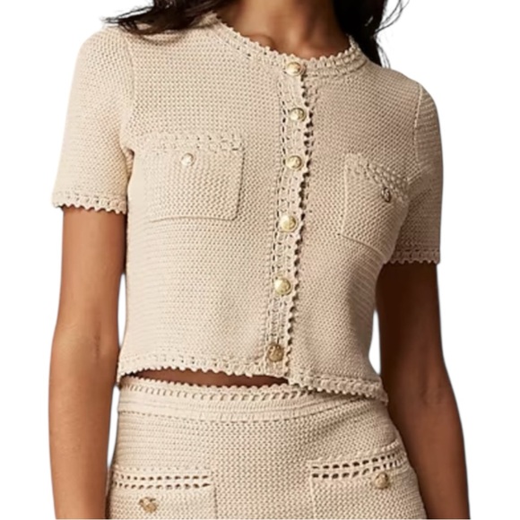 J Crew Beige Short Sleeve Sweater Lady Jacket Womens Size L Gold